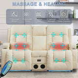 URRED Power Loveseat Recliner Sofa, RV Recliner Chair Home Theater Seating with Flipped Middle Backrest Console, LED Ambient Light, Bluetooth Speakers, USB, Built-in Outlets (Faux Leather, Beige) URRED