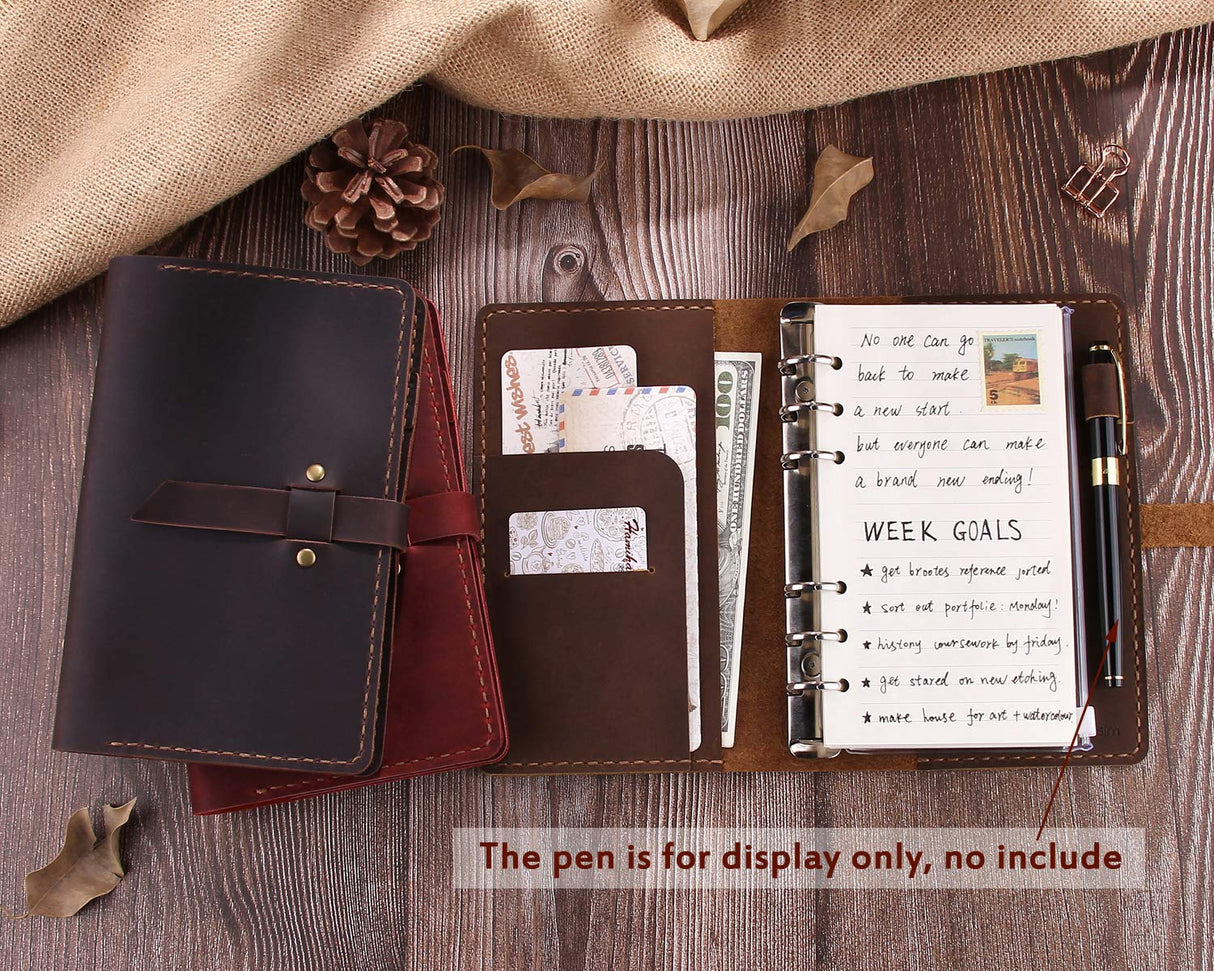 Genuine Leather Journal Writing Notebook, A6 Ring Binder Refillable Diary Notepads, Vintage Handmade Travel Organizer Agenda for Men Women - Coffee Robrasim