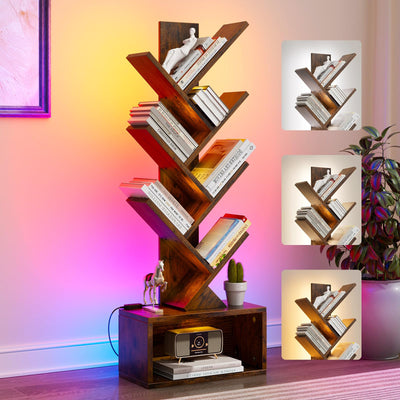 Evermagin 6 Tier Tree Bookshelf with Lights, LED Book Tree Bookshelf with Storage Organizer, Small Corner Bookcase Floor Standing Book Shelf for Living Room, Bedroom & Home Office, Rustic Brown