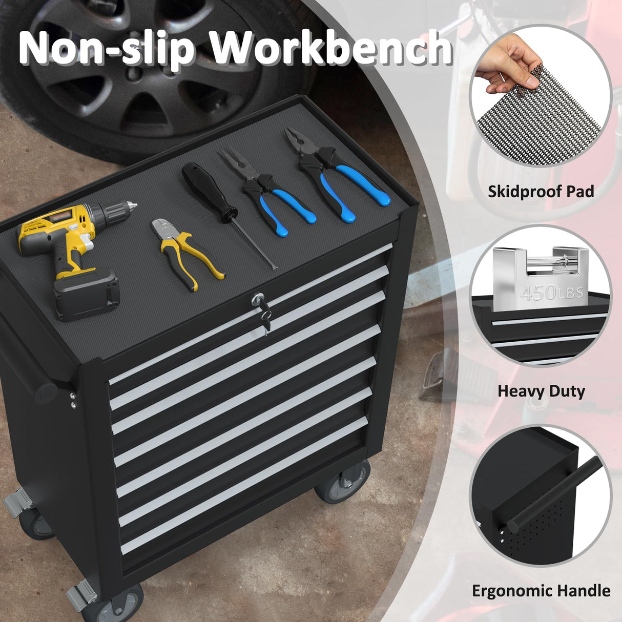 Granper High Capacity 7-Drawer Tool Chest with Wheels, Movable Rolling Tool Chest, Lockable Tool Box with Wheels, Heavy Duty Tool Cabinet for Workshop, Garage, Mechanics and Repair Room (Black) Granper