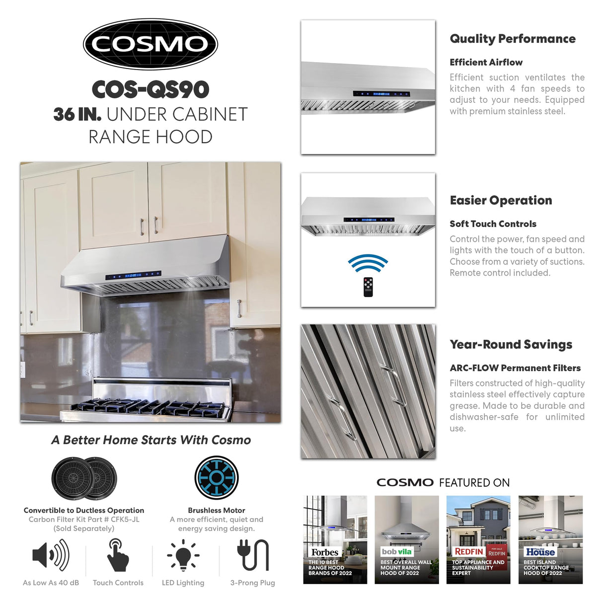 COSMO COS-QS90 Under Cabinet Range Hood with 500 CFM, Permanent Filters, LED Lights, Convertible from Ducted to Ductless (Kit Not Included), 36 in, Stainless Steel COSMO