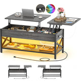 Aheaplus Lift Top Coffee Center Table with LED Light and Power Outlet, Modern Table with Storage Shelf for Living Room, Lift Tabletop, X Support, Metal Frame, Black Oak Aheaplus