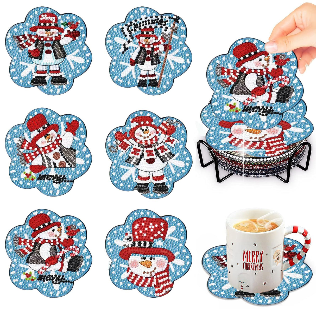 Meothan 6 Pcs Diamond Art Coaster Kits With Holder - Christmas Snowman Diamond Painting for Adults Beginners - 5D Gem Art Dots Paintings With Cork Pads - Crafts Supplies Meothan