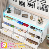 9 Drawer Dresser for Bedroom, White Dresser with LED Lights and Charging Station, Modern Chest of Drawer, Wood Triple Wide Drawer Organizer Cabinet for Bedroom, Living Room, Entryway, Hallway knoworld