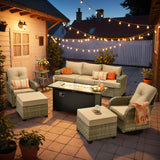 HOOOWOOO Outdoor Sectional Patio Furniture Set with Fire Pit Table,9 Pieces Wicker Conversation Sets,Extra Deep Out Door Sofa Outside Furniture Couch Swivel Chairs Ottoman,Beige HOOOWOOO