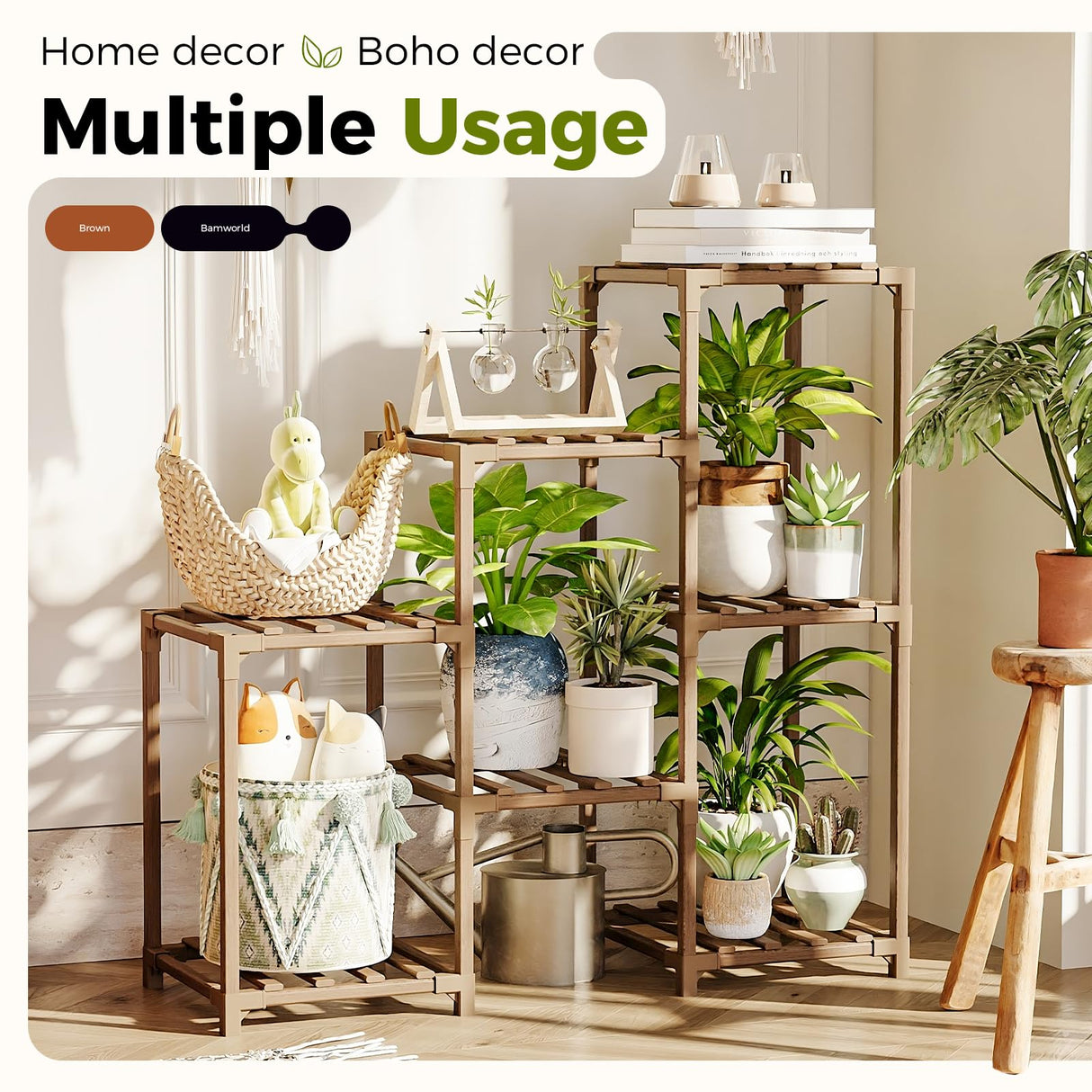 Bamworld Plant Stand Indoor Plant Shelf Outdoor Wood Plant Rack for Multiple Plants 3 Tiers Ladder Plant Holder for Living Room Patio Boho Home Decor for Gardening Mom Gifts Bamworld