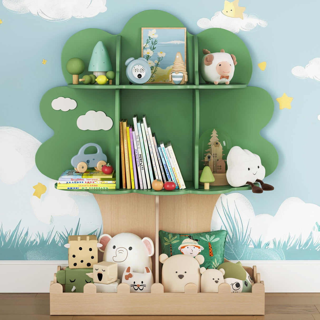 Curipeer Tree Kids Bookshelf with Bottom Fence, Toddler Bookshelf for Kids, Baby Montessori Bookshelf and Toy Storage, Wooden Bookcase, Book Shelf for Kids Rooms, Nursery, Bedroom, Playroom, Green Curipeer