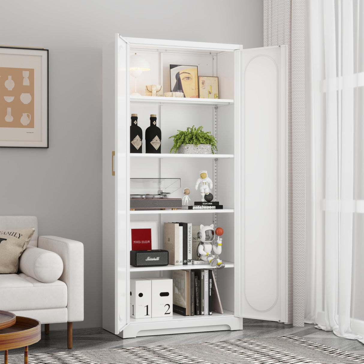 Metal Storage Cabinet with 4 Adjustable Shelves, 71" Tall Kitchen Storage Cabinet with Gold Handles, White Pantry Cabinets, Storage Cabinets for Home Office, Living Room, Hallway - Assembly Required MetalMax