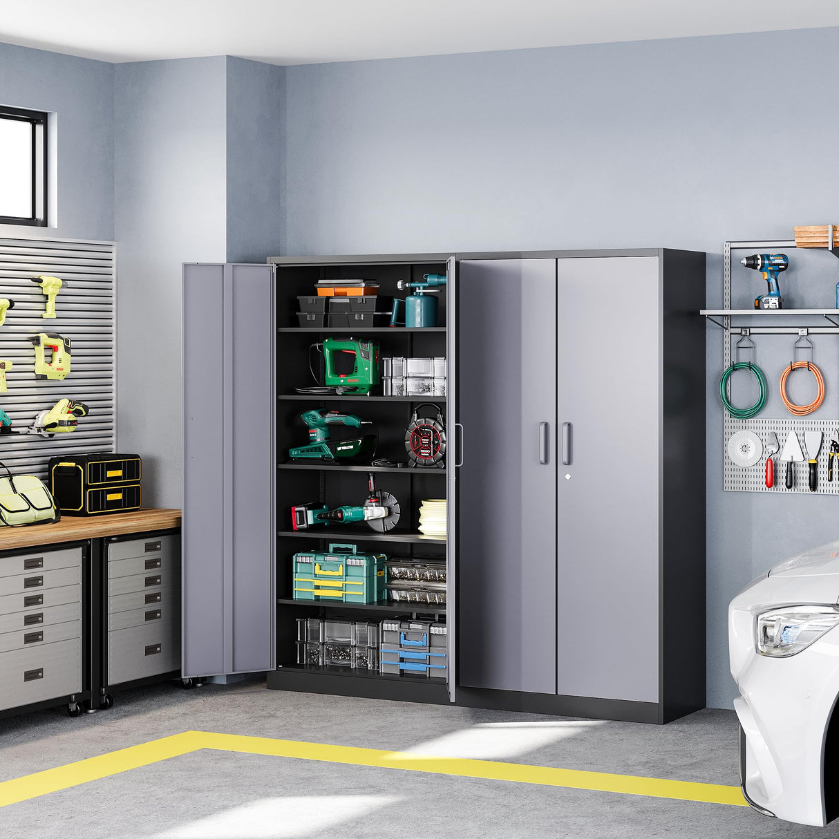 Letaya Metal Storage Cabinet with Lock Door and 5 Shelves,6 Tier Steel Garage Tool Cabinet for Home Office Utility Room 72" H X 36" W X18 D (Black gray) Letaya