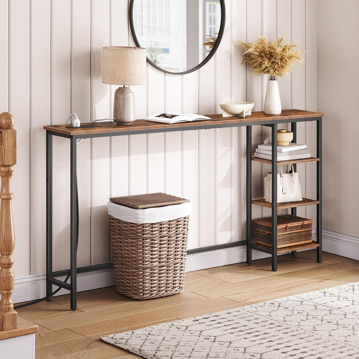 HOOBRO Rustic Brown and Black Console Table with Power Outlet and Shelves, 63" Multifunctional Sofa Table for Home Office and Entryway HOOBRO