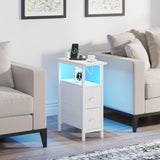 TRIFEBLE End Table Set 2 with Charging Station, Narrow Side Table with 2 Fabric Drawers, Skinny Nightstand with LED Light, Slim Bedside Table for Bedroom, Living Room, Small Spaces, White TRIFEBLE