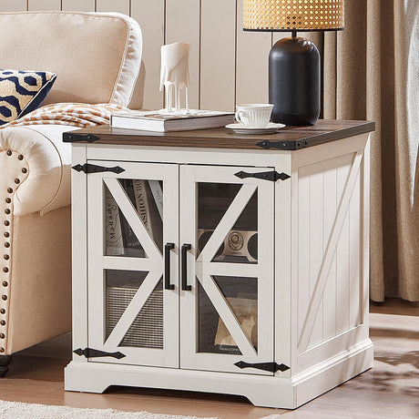 Joaxswe 24" End Table with Charging Station, Farmhouse Night Stand with Glass Barn Door, White Nightstands with Adjustable Storage Shelf, Large Wood Square Bed Side Table for Living Room,Bedroom Joaxswe