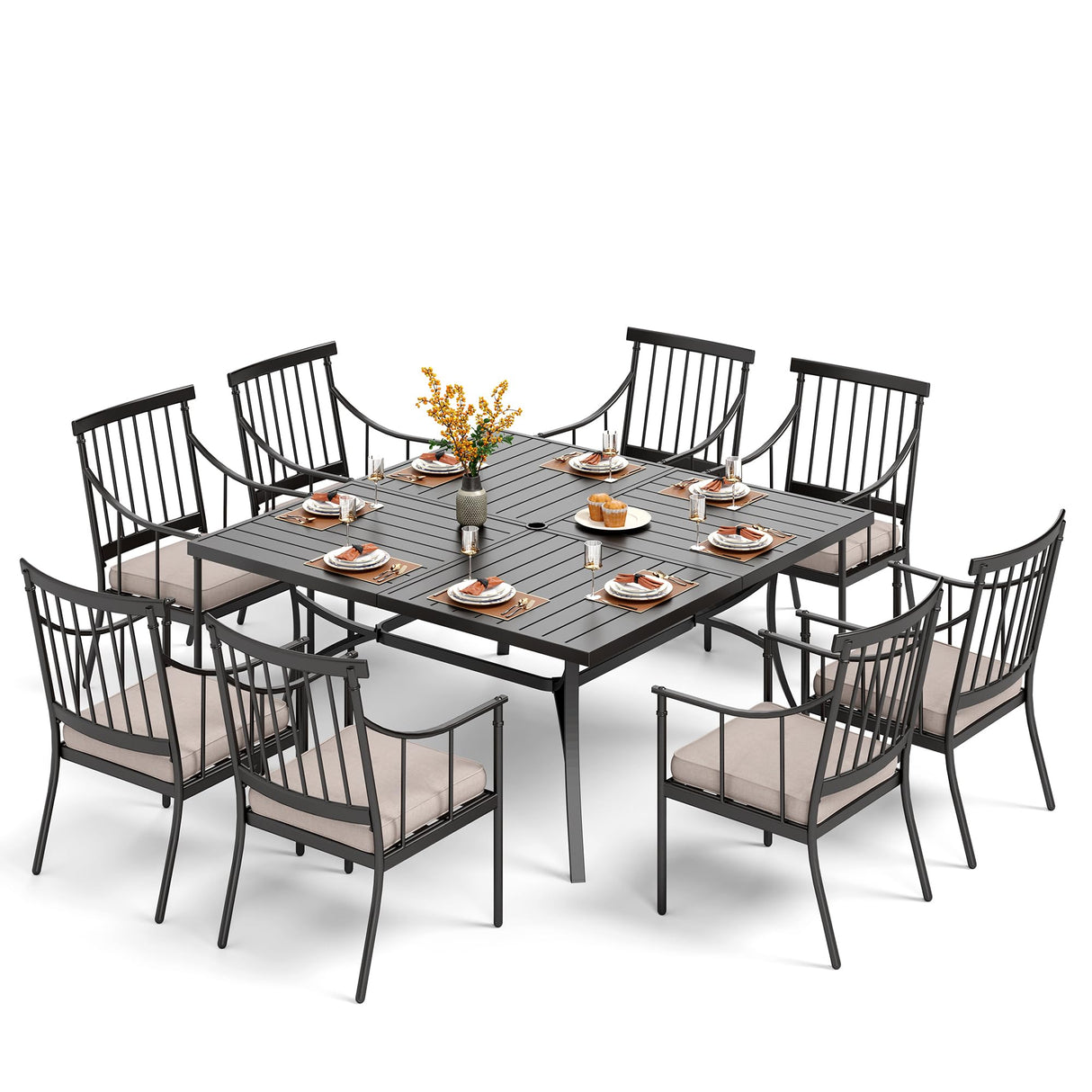 PHI VILLA 9 Pieces Outdoor Dining Set for 8, 60” Square Wrought Iron Dining Table & Heavy-Duty Steel Chairs with Cushions, Large Dining Furniture Set for Patio, Deck, Yard, Porch PHI VILLA