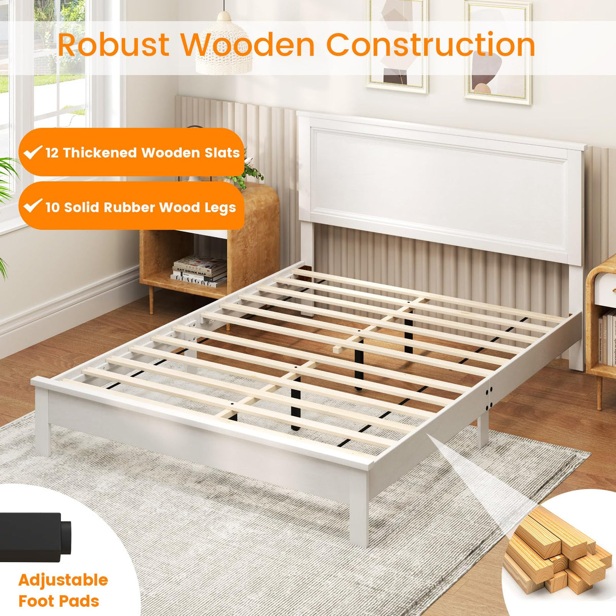 KOMFOTT Queen Size Wood Platform Bed Frame with Headboard, Wooden Mid Century Platform Bed with Slat Support & Under Bed Storage, Mattress Foundation Bed Base, No Box Spring Needed, White KOMFOTT