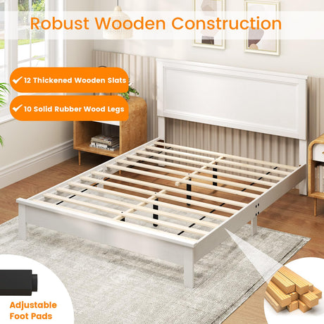 KOMFOTT Full Size Wood Platform Bed Frame with Headboard, Wooden Mid Century Platform Bed with Slat Support & Under Bed Storage, Mattress Foundation Bed Base, No Box Spring Needed, White KOMFOTT