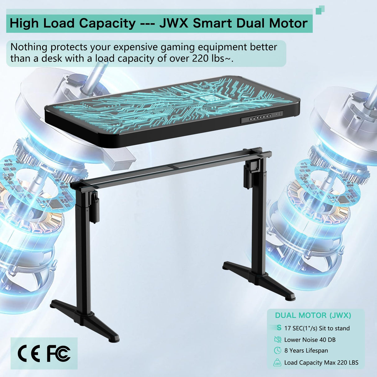 JWX RGB Glass Gaming Standing Desk, 47'' Standing Music Studio, with Music Sensing LED Sit Standing Desk, Dual Motors,USB Ports JWX
