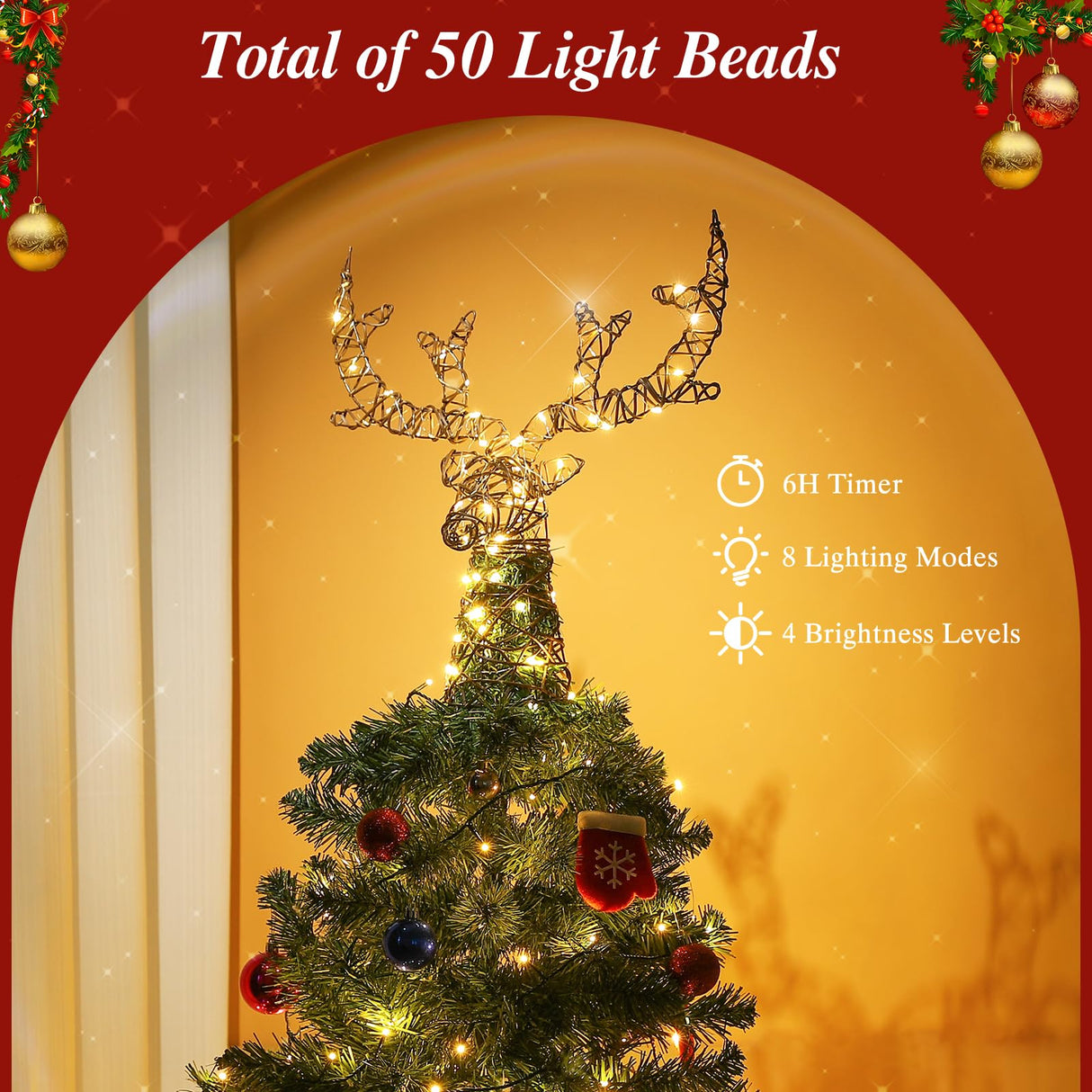 Lewondr Christmas Tree Topper, Metal Frame Deer Tree Topper with 50 Warm Light Beads, Remote & USB Operated Tree Topper with Lights 6H Timer, Xmas Tree Decor for Holiday Home Decoration, Brown Lewondr