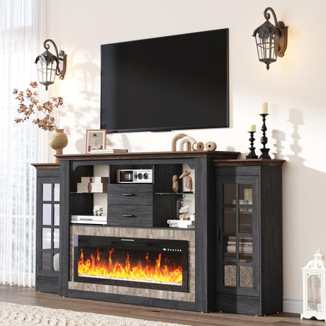85" Electric Fireplace with Mantel, Fireplace TV Stand w/42 Electric Fireplace for 65 Inch TV with Power Outlets, Farmhouse Entertainment Center with Storage for Living Room, Gray with Brick Texture Hlivelood