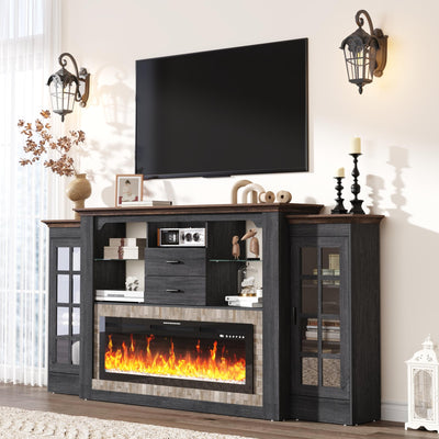 85" Electric Fireplace with Mantel, Fireplace TV Stand w/42 Electric Fireplace for 65 Inch TV with Power Outlets, Farmhouse Entertainment Center with Storage for Living Room, Gray with Brick Texture