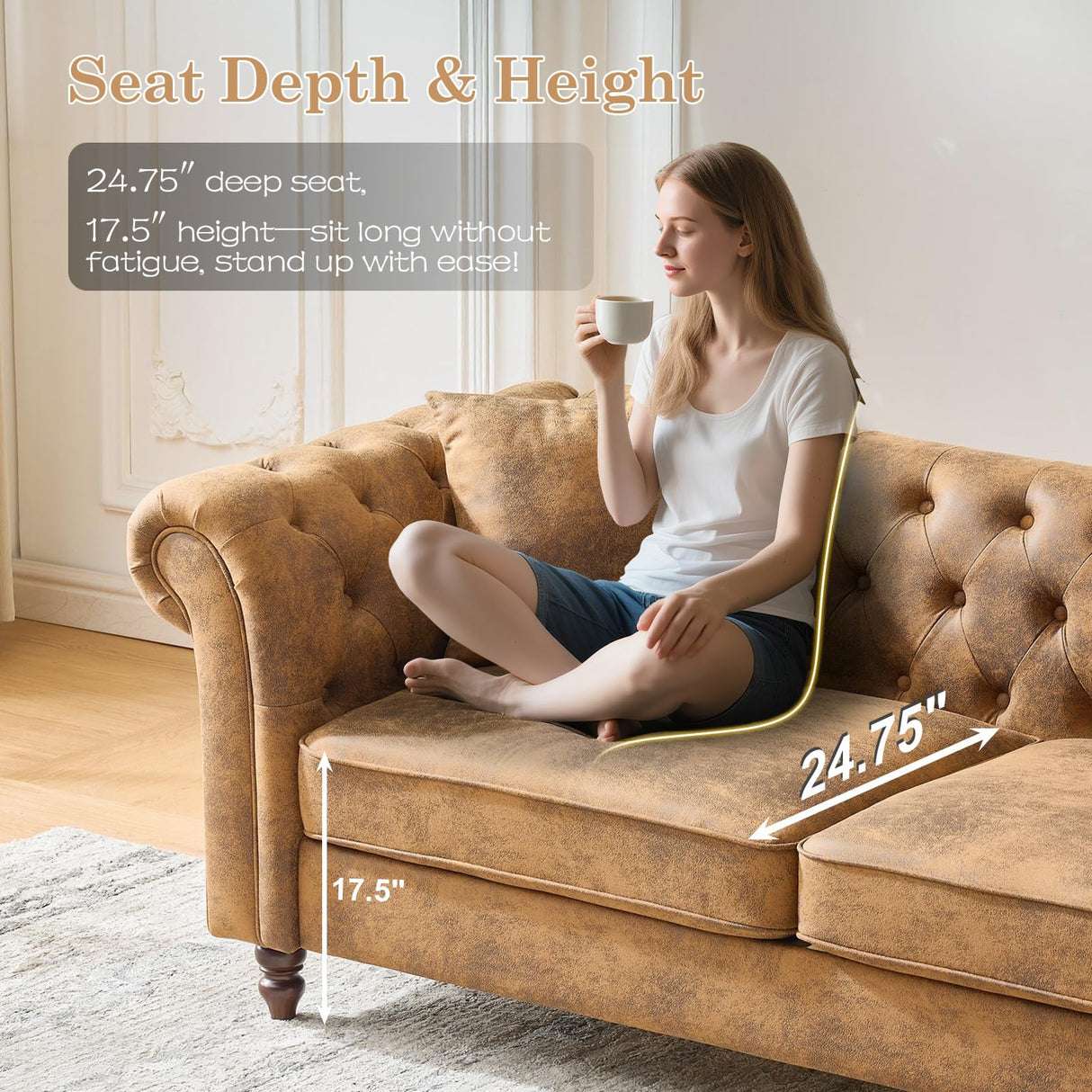 Mid Century Modern Faux Leather Couch Set of 2, Tufted Couch and Loveseat Set muebles para la sala Comfy Chesterfield Upholstered Office Furniture Living Room Sofa Set 2 Piece (Brown, 3+3 Seater) SLEERWAY