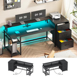 SEDETA 59" Office Desk with Drawers, Reversible Computer Desk with File Drawers & Storage, Gaming Desk with LED Lights & Power Outlet, Home Office Desks for Printer, Black SEDETA