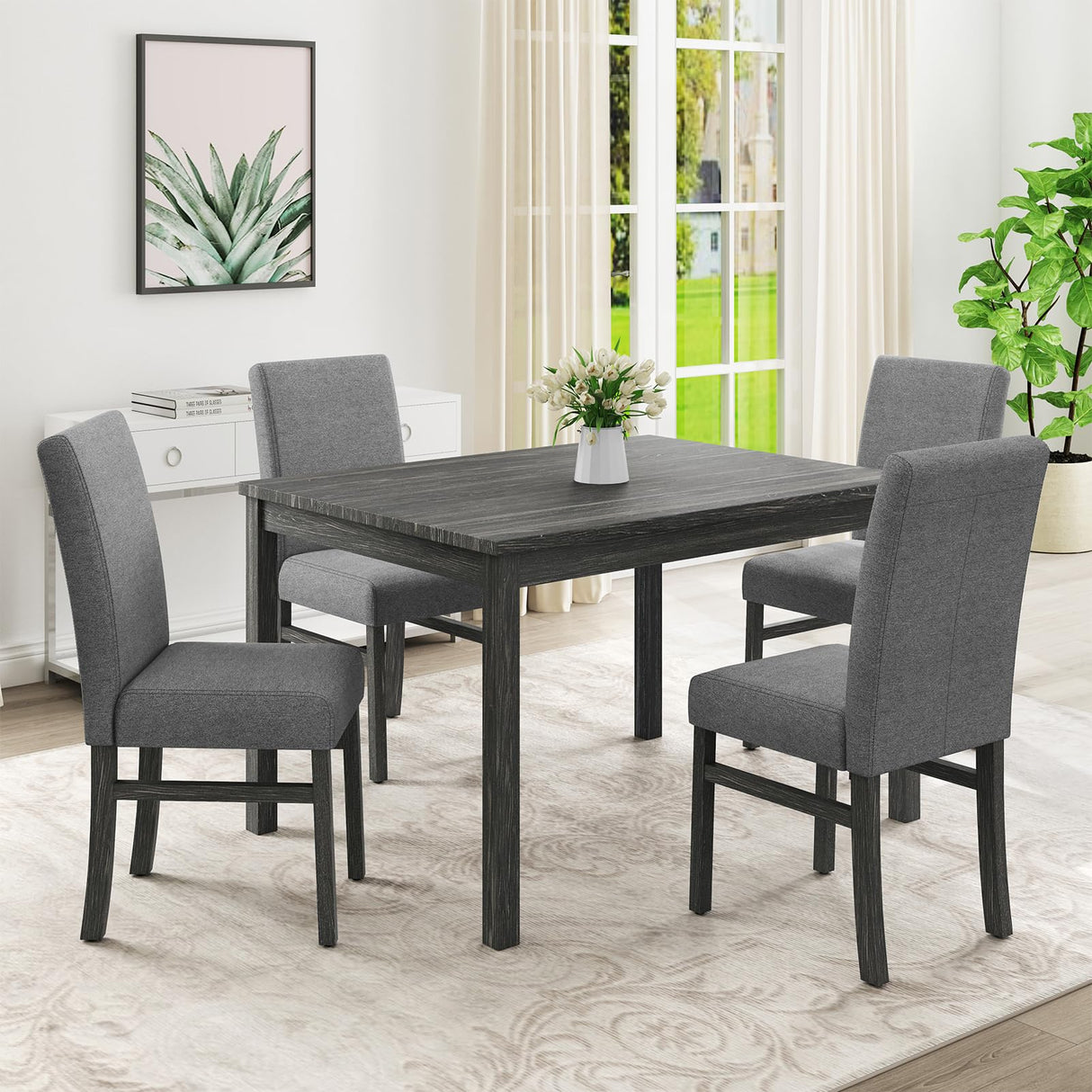 YWUFUART 48" Wooden Counter Height Rectangular Dining Table Set with 4 Chairs, 5-Piece Kitchen Table Set for Dining Room, Living Room, Kitchen, Black YWUFUART