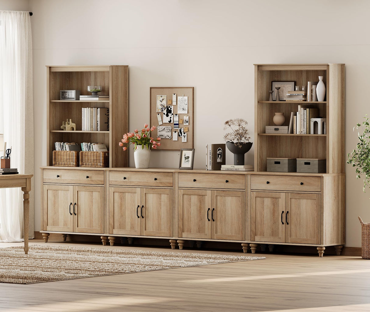 WAMPAT Entertainment Center with Bookshelves for TVs up to 75", Farmhouse Wall Unit TV Stand with 8 Doors & 4 Drawer, Media Console Table for Living Room, Bedroom & Home Theater, Oak WAMPAT