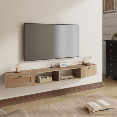 EROMMY Modern Rattan Floating TV Stand, Wall-Mounted Floating Stand for TVs up to 80 Inches with Doors, Entertainment Center for Under TV Storage, 70 inch, Oak