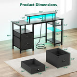 Furologee 51" Gaming Desk with Power Outlets & LED Lights, Reversible Computer Desk with File Cabinet & Monitor Stand for Home Office, Large Work Table with Storage Shelves & Drawer, Black Furologee