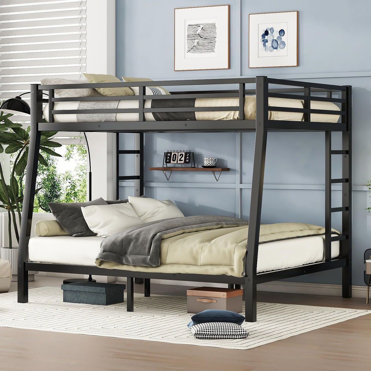 Bellemave Bunk Bed Full XL Over Queen, Heavy Duty Metal Bunk Bed Frame, Queen bunk Bed for Adults, Adult bunk beds Heavy Duty, Full XL Bunk Bed, Black Bellemave
