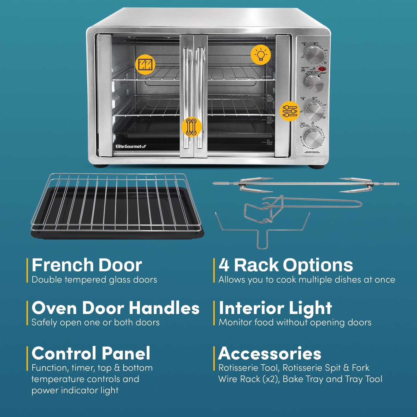 Elite Gourmet ETO-4510M French Door 47.5Qt, 18-Slice Convection Oven 4-Control Knobs, Bake Broil Toast Rotisserie Keep Warm, Includes 2 x 14" Pizza Racks, Stainless Steel