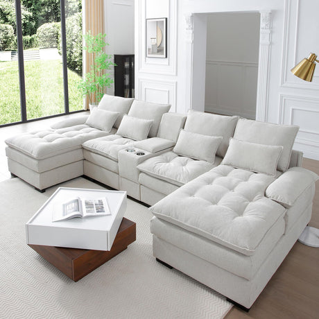 HYJT-H&K 130" U Shaped Comfy Fluffy Cloud Sectional Couches for Living Room, Oversized Modular Sectional Sofa with Chaise Lounge & Tufted Buttons, Modern Linen 6 Seater Sofa Set with Console Beige HYJT-H&K