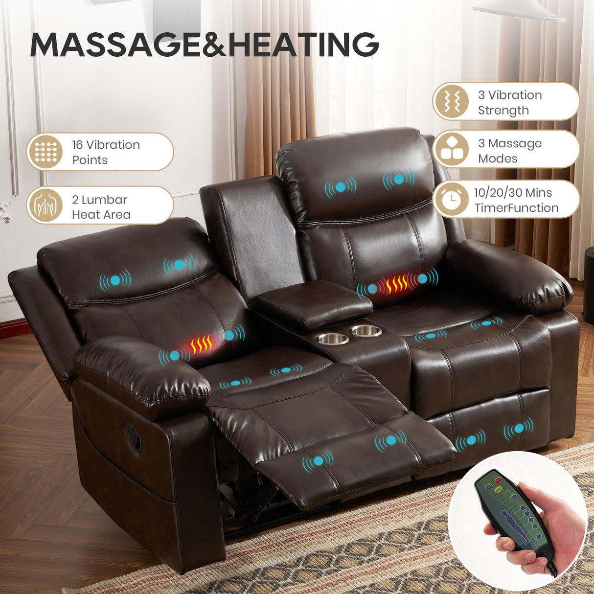 P.H.Furn Recliner Sofa, Reclining Loveseat Sofa with Massage & Heat, Reclining Couch with Side Pockets, Extra Storage, Cup Holders for Living Room P.H.Furn