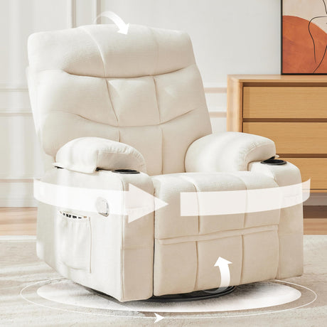 Hicosit Manual Rocker Recliner Chair, 360°Swivel Recliner Chairs for Adults, Single Recliner Seat with Cup Holders,Upholstered Fabric Lazy Boy Recliner,White Hicosit