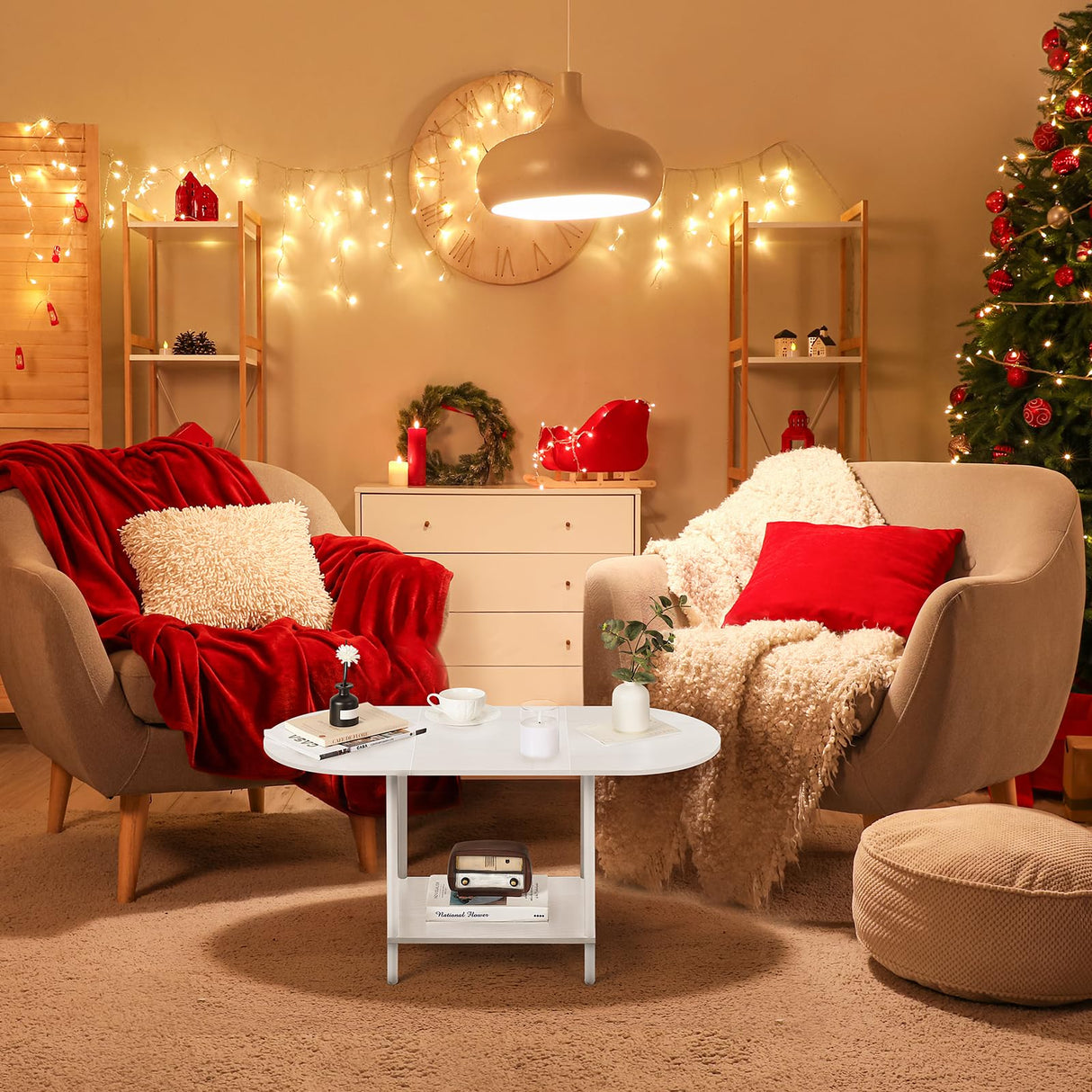 White Coffee Tables for Living Room,2-Tier Small Coffee Table Industrial Modern Oval Center Table with Storage Shelf and Wood Tabletop,for Small Space,Home Office Shinoske