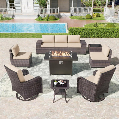 Kullavik 10 Pieces Outdoor Patio Furniture Set with 55000BTU Gas Propane Fire Pit Table,PE Wicker Rattan Sectional Sofa Patio Conversation Sets,Swivel Rocking Chairs Set,Sand