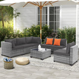 FHFO 7 Pieces Outdoor Patio Furniture Set, Outdoor Conversation Sets Wicker Sectional Couch Rattan Sofa with Thick Cushions & Coffee Table for Garden, Balcony, Backyard, Grey-Grey FHFO
