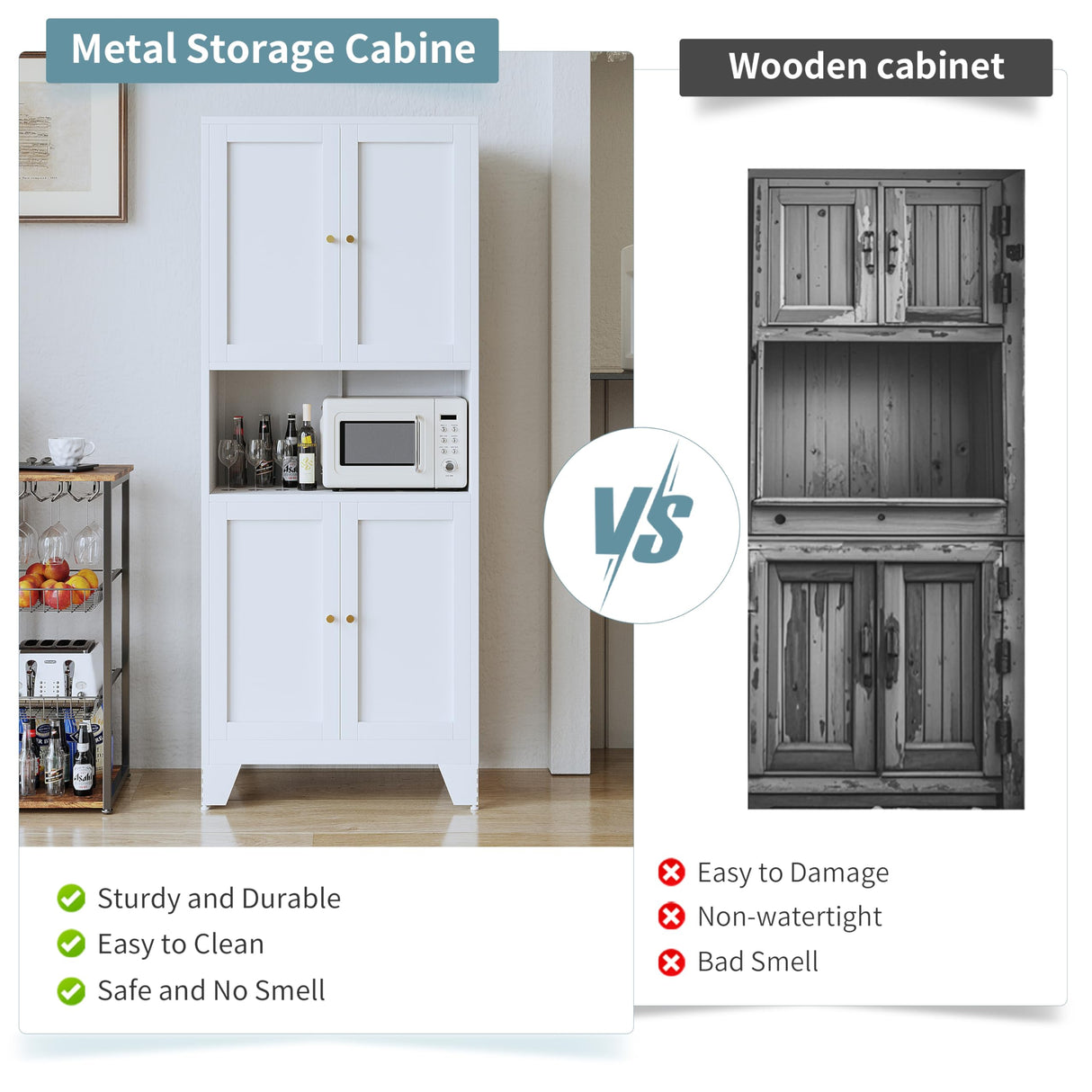 XIUSVON 69" High Bathroom Storage Cabinet, Modern Metal Pantry with Microwave Stand, Freestanding Linen Storage, Kitchen Hutch, Coffee Bar Hutch, Food Buffet Cabinet for Dining & Living Room XIUSVON