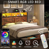 Farmhouse Queen Bed Frame with Bookcase Headboard and Storage Drawers, LED Lights and Charging Station, No Box Spring Needed, Noise Free, Rustic Brown Fastroby