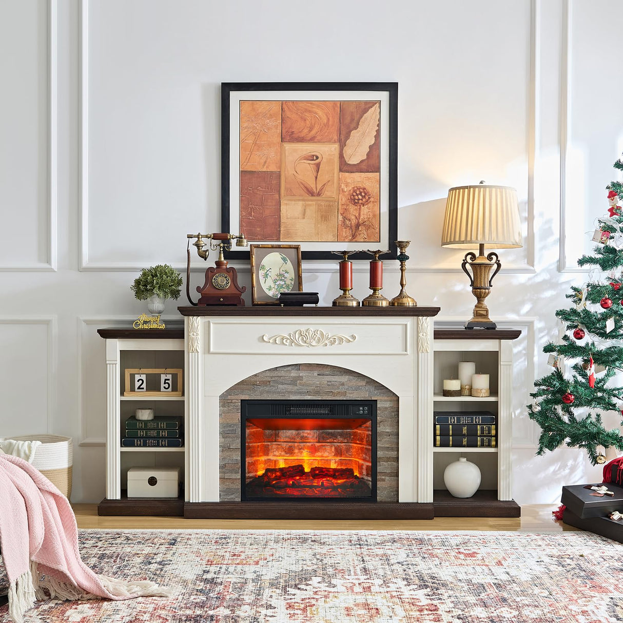 72" Electric Fireplace with Mantel, Farmhouse TV Stand for TVs Up to 80 Inch, White Entertainment Center with Storage for Bedroom,23'' Red Brick Fireplace Insert Heater with LED Flame for Living Room BOSHIRO