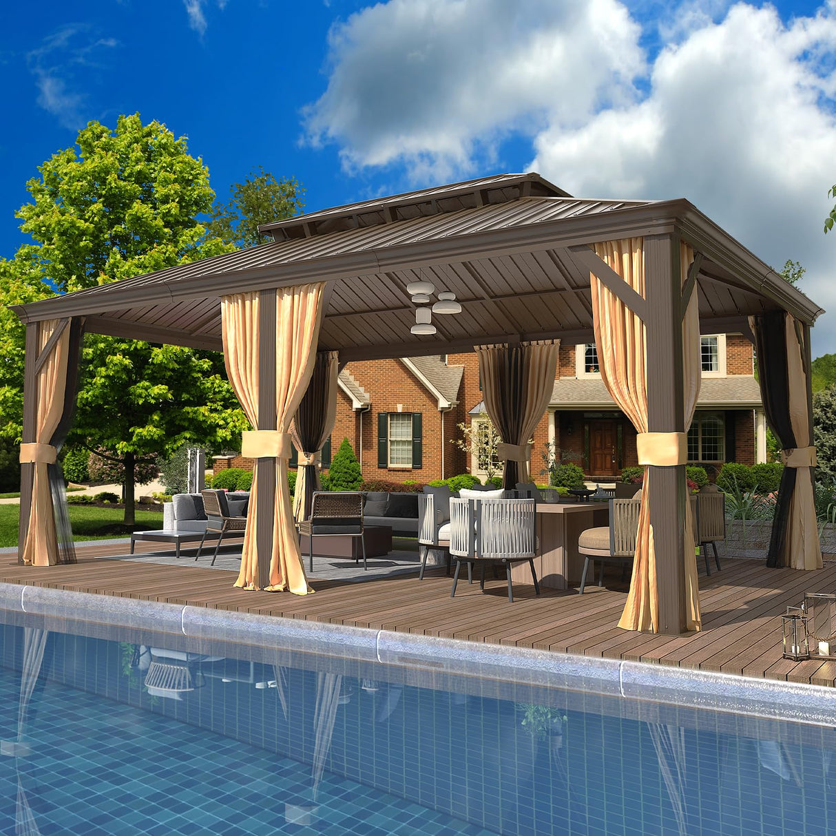 EROMMY 12'x18' Gazebo Double Hardtop Roof Galvanized Steel Canopy Outdoor Aluminum Frame Permanent Metal Pavilion with Netting and Curtains for Patio Backyard Deck and Lawns EROMMY