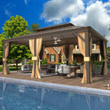 EROMMY 12'x18' Gazebo Double Hardtop Roof Galvanized Steel Canopy Outdoor Aluminum Frame Permanent Metal Pavilion with Netting and Curtains for Patio Backyard Deck and Lawns EROMMY