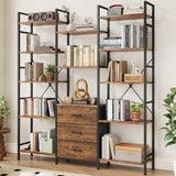 AFLUI Triple Bookshelf with 3 Fabric Drawers, 5-Tier Book Shelf and 10 Display Shelves, Industrial Large Bookcase for Home & Office, Rustic Brown, 47'' Wide AFLUI