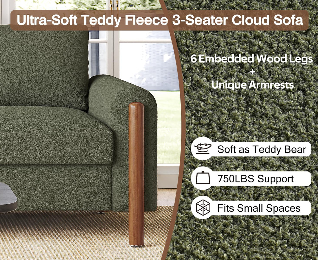 Merax 83.86" 3-Seater Sofa, Curved Armrest with Integrated Solid Wood Legs, Teddy Velvet Fabric, High Weight Capacity (250 lbs/seat), Durable Solid Wood Frame,Green Merax