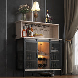 QNICE LED Industrial Wine Bar Cabinet for Liquor and Glasses/Sliding Barn Door Coffee Bar Cabinet with Light/Farmhouse Sideboard Buffet Storage Cabinet with Wine Rack/Rustic Oak/Easy Assembly QNICE