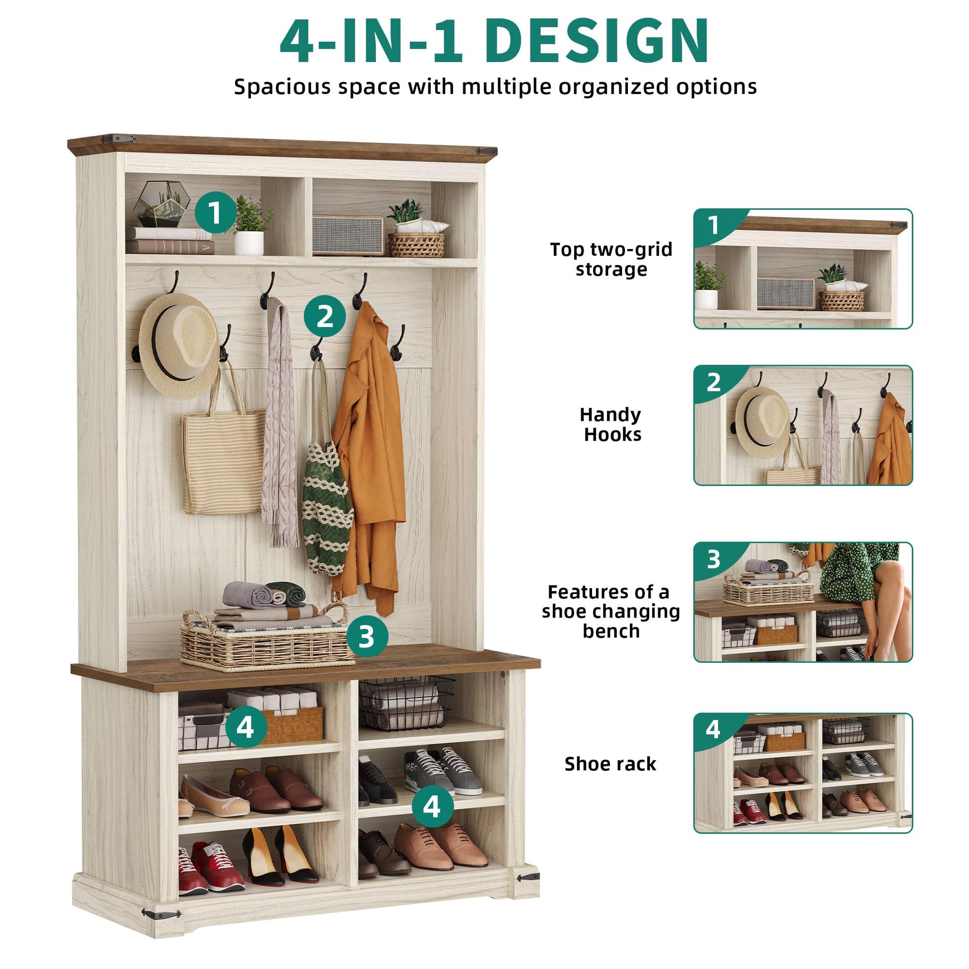 YITAHOME Hall Tree with Bench and Shoe Storage, Farmhouse Entryway Bench with Coat Rack, Entrance Organizer with 7 Hooks and 6 Shoe Storage & Adjustable Shelf - WoodArtSupply