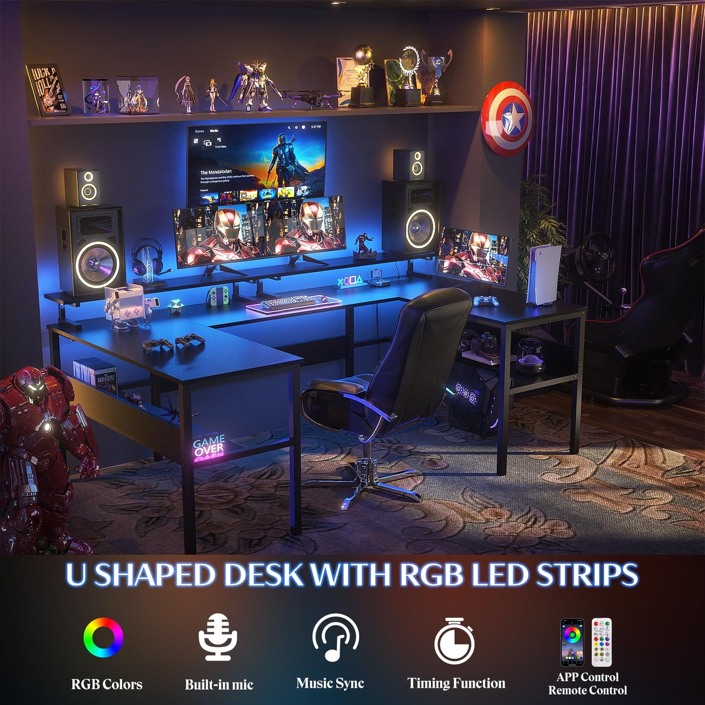 Hyomdeck Customizable U Shaped Desk & L Shaped Office Desk with Adjustable Monitor Stand, RGB LED Lights and Power Outlets, Sturdy Reversible L Shape