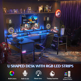 Hyomdeck Customizable U Shaped Desk & L Shaped Office Desk with Adjustable Monitor Stand, RGB LED Lights and Power Outlets, Sturdy Reversible L Shape Hyomdeck