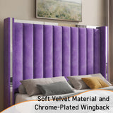 Jocisland King Size Bed Frame with 58" Tall Headboard, Velvet Upholstered Platform Bed with Channel Tufted Wingback Headboard and Plating Trim, No Box Spring Needed, Purple Jocisland