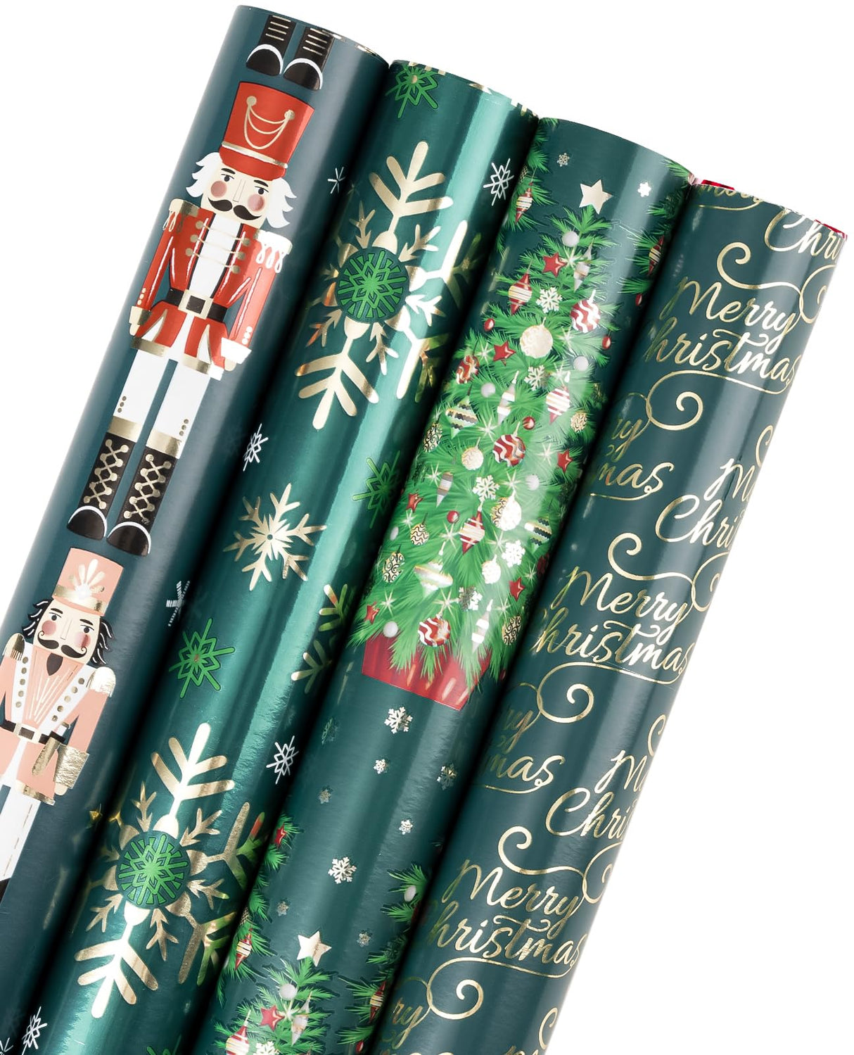 WRAPAHOLIC 30 Inch Nutcracker Christmas Wrapping Paper Roll - Jumbo Roll Green Christmas Tree, Snowflakes and Nutcracker with Metallic Foil Shine Design - 4 Rolls - 30 Inch x 120 Inch Per Roll WRAPAHOLIC